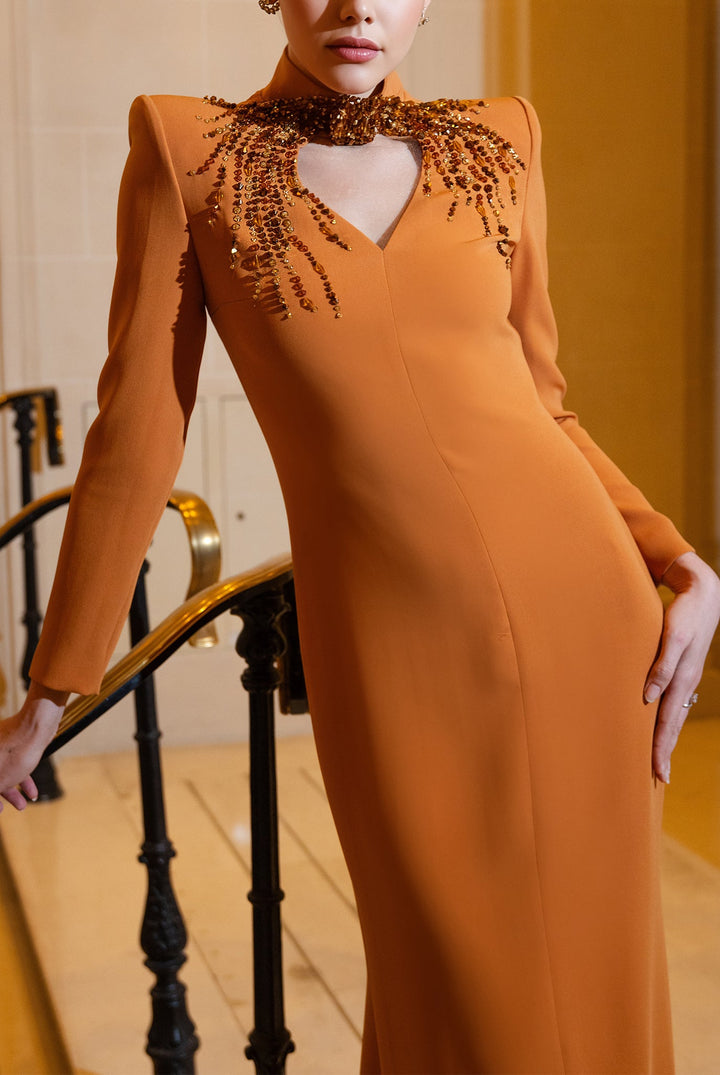 long-sleeve gown with embellished high neckline & keyhole detail – SIENNA