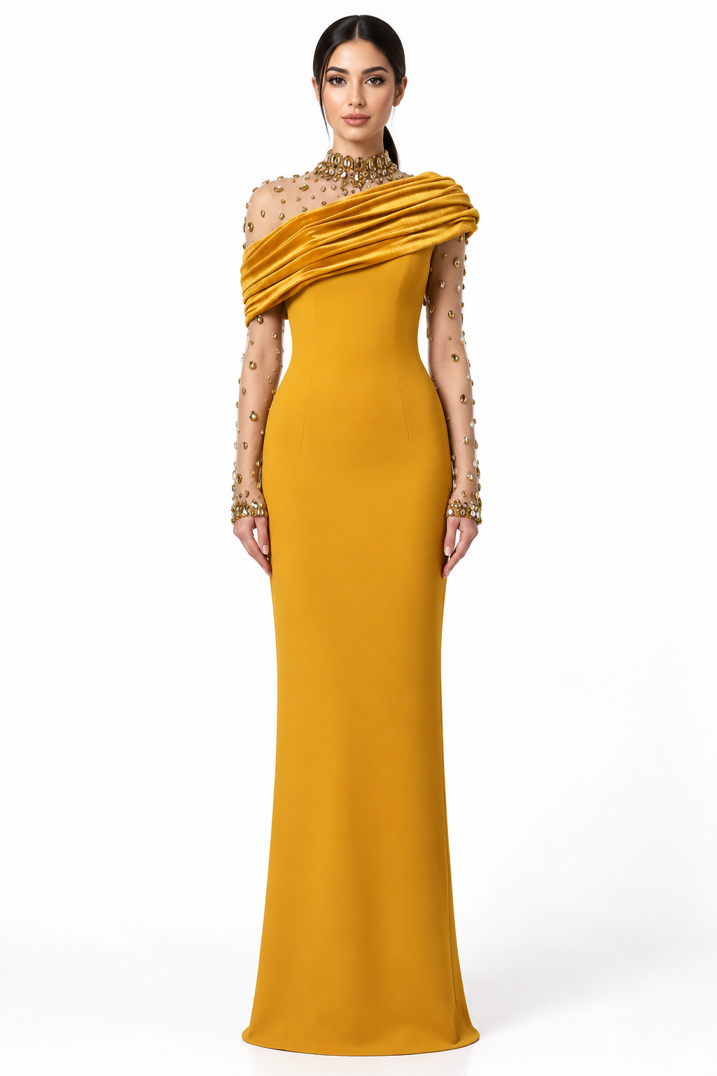 Golden Draped Crystal Gown -Aurevane