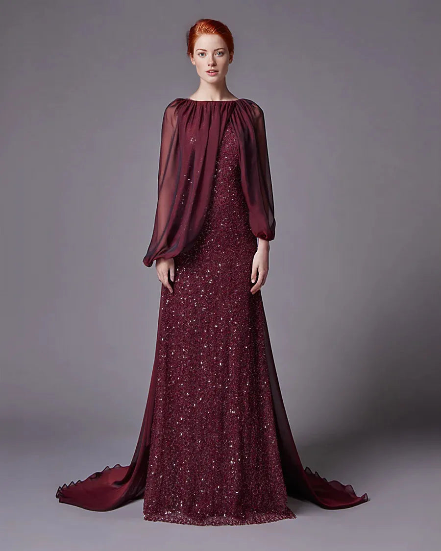 Sequined gown with chiffon cape overlay – Norin –