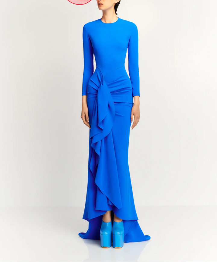 long-sleeve mermaid dress with cascading side ruffle – NIA