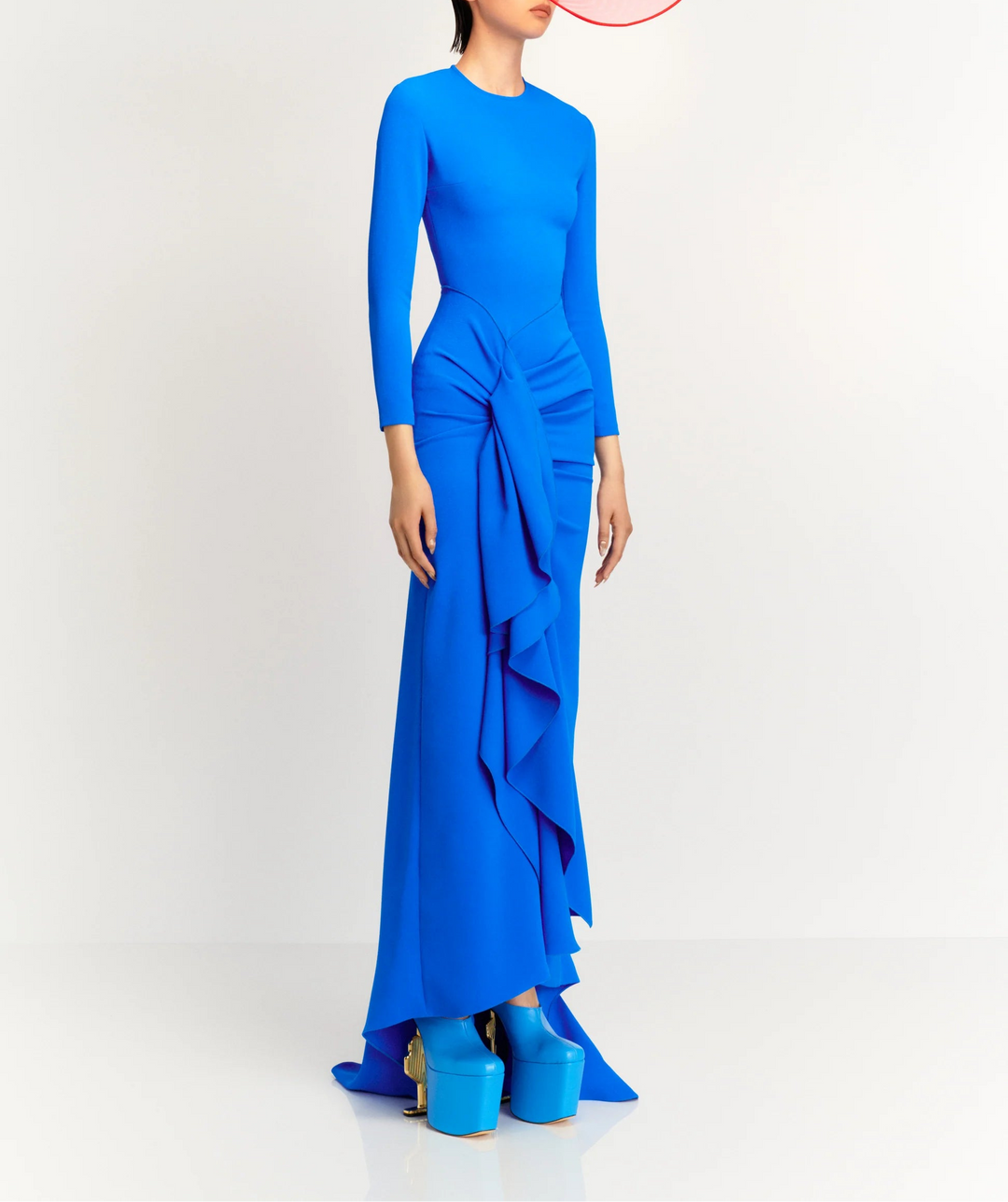 long-sleeve mermaid dress with cascading side ruffle – NIA