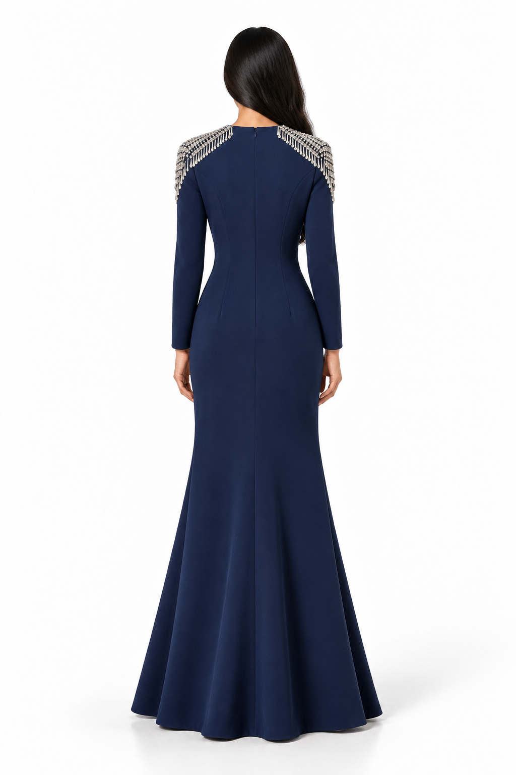 Navy Blue Crystal Embellished Shoulder Maxi Dress - Celestine