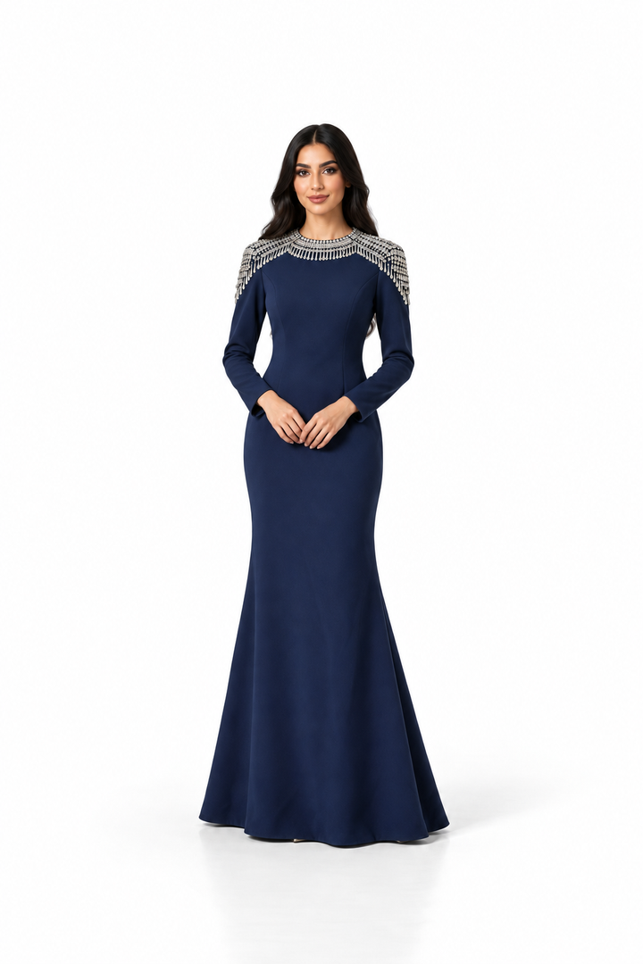 Navy Blue Crystal Embellished Shoulder Maxi Dress - Celestine