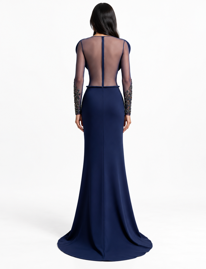Navy Blue Sculpted Shoulder Beaded Mermaid Maxi Dress - Celestia