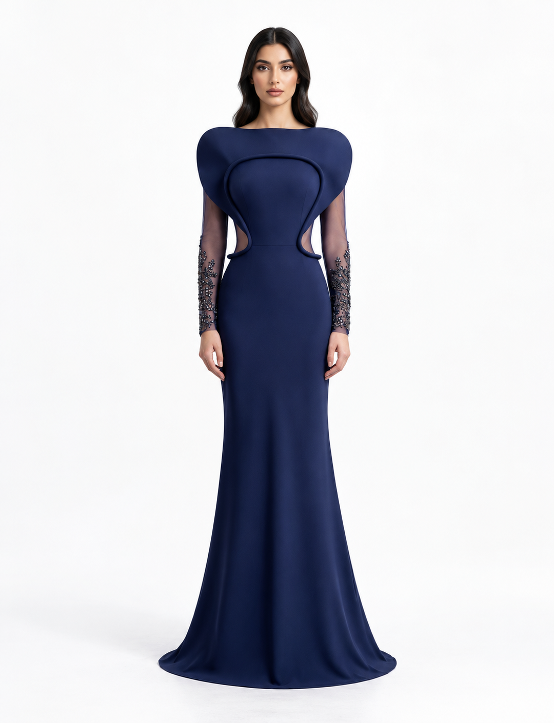 Navy Blue Sculpted Shoulder Beaded Mermaid Maxi Dress - Celestia