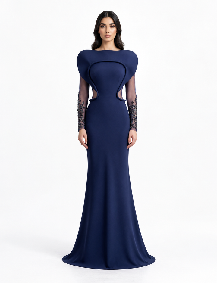 Navy Blue Sculpted Shoulder Beaded Mermaid Maxi Dress - Celestia