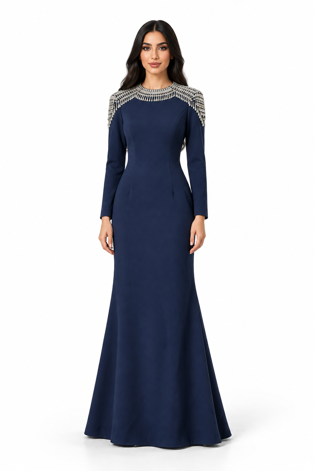 Navy Blue Crystal Embellished Shoulder Maxi Dress - Celestine