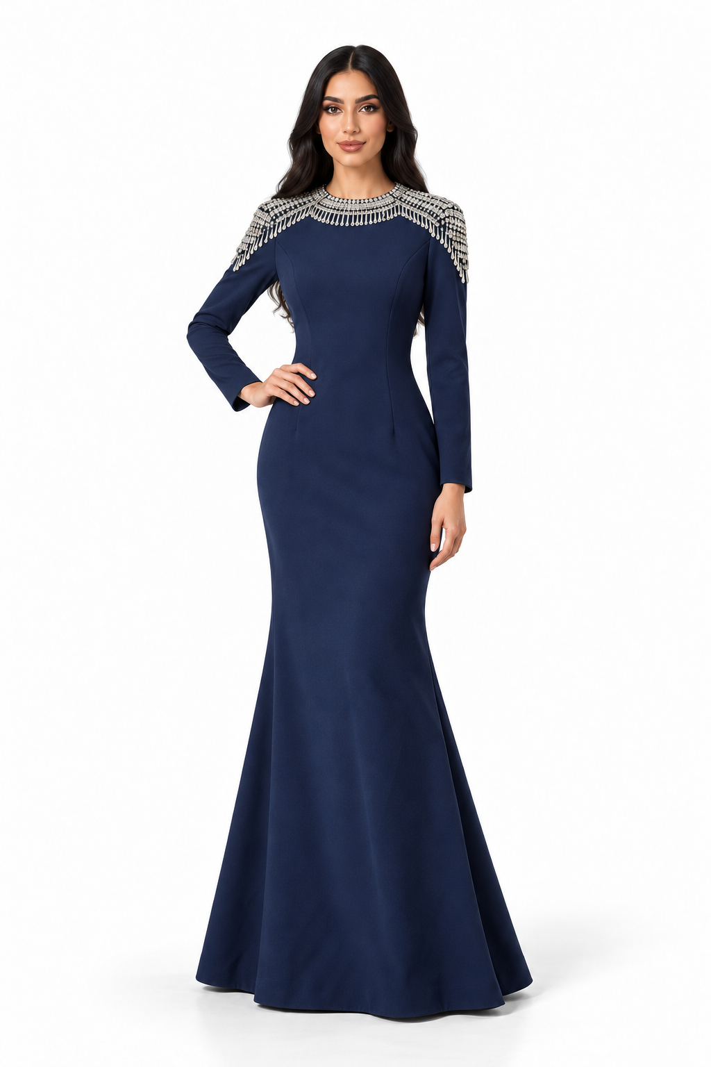 Navy Blue Crystal Embellished Shoulder Maxi Dress - Celestine
