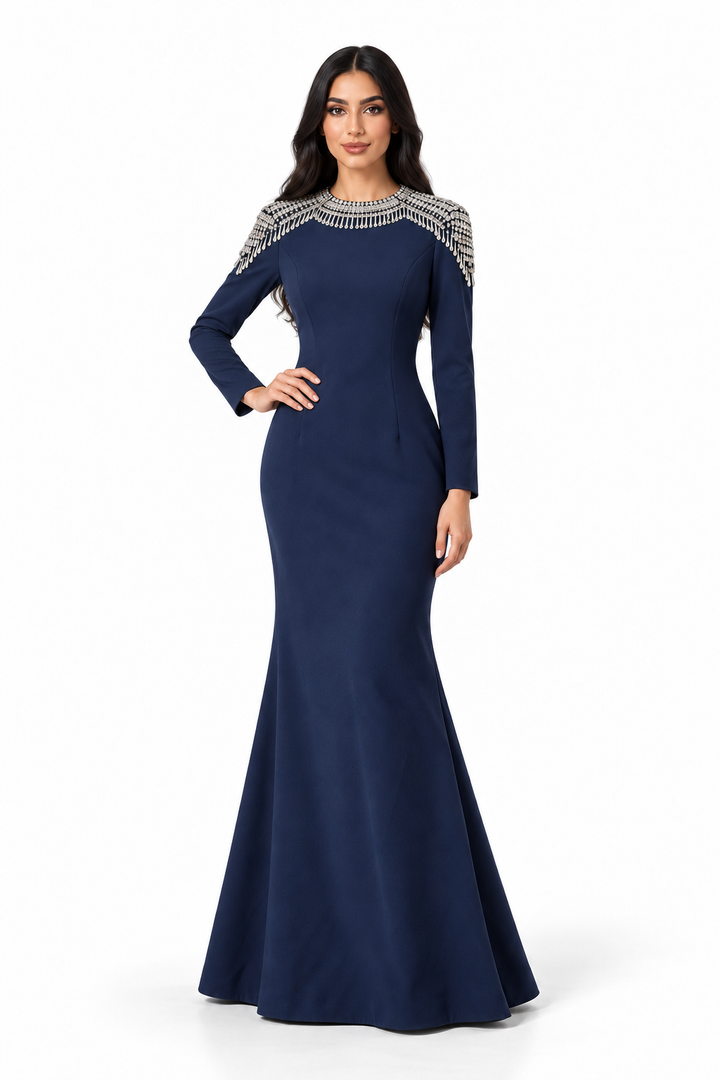 Navy Blue Crystal Embellished Shoulder Maxi Dress - Celestine