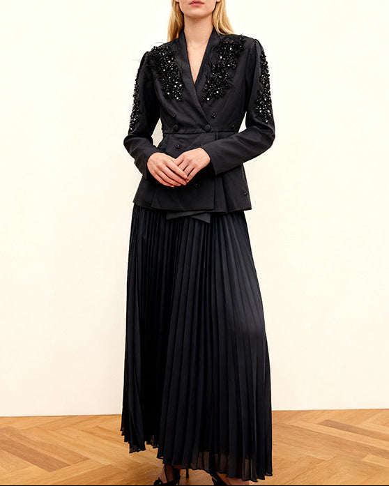 Plissiertes Oberteil mit ausgestellten Ärmeln und Maxirock-Set mit Taillengürtel – Rosiny 