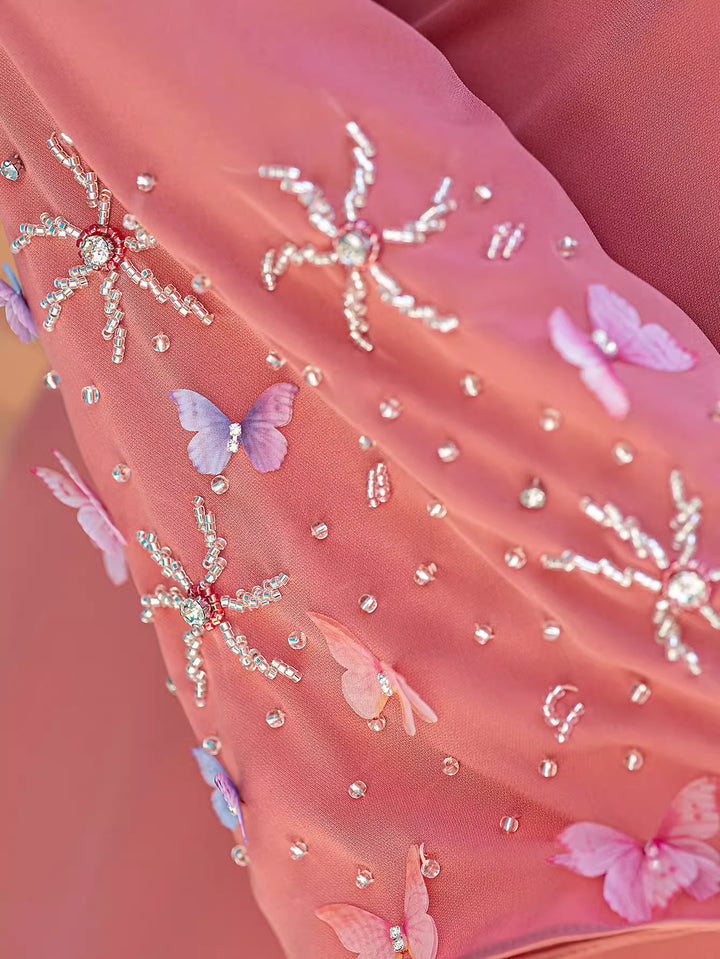 فستان بأكمام واسعة وحزام وفتحة رقبة مزينة - سيرينليت