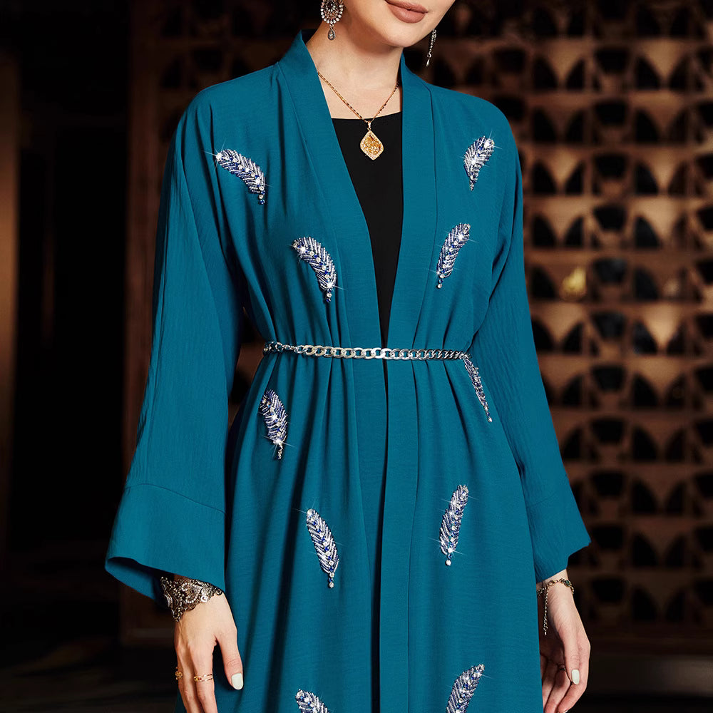 embroidered open-front dress with chain belt - ZAHRANU