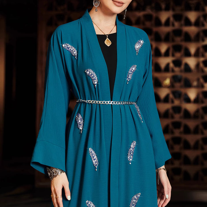 embroidered open-front dress with chain belt - ZAHRANU