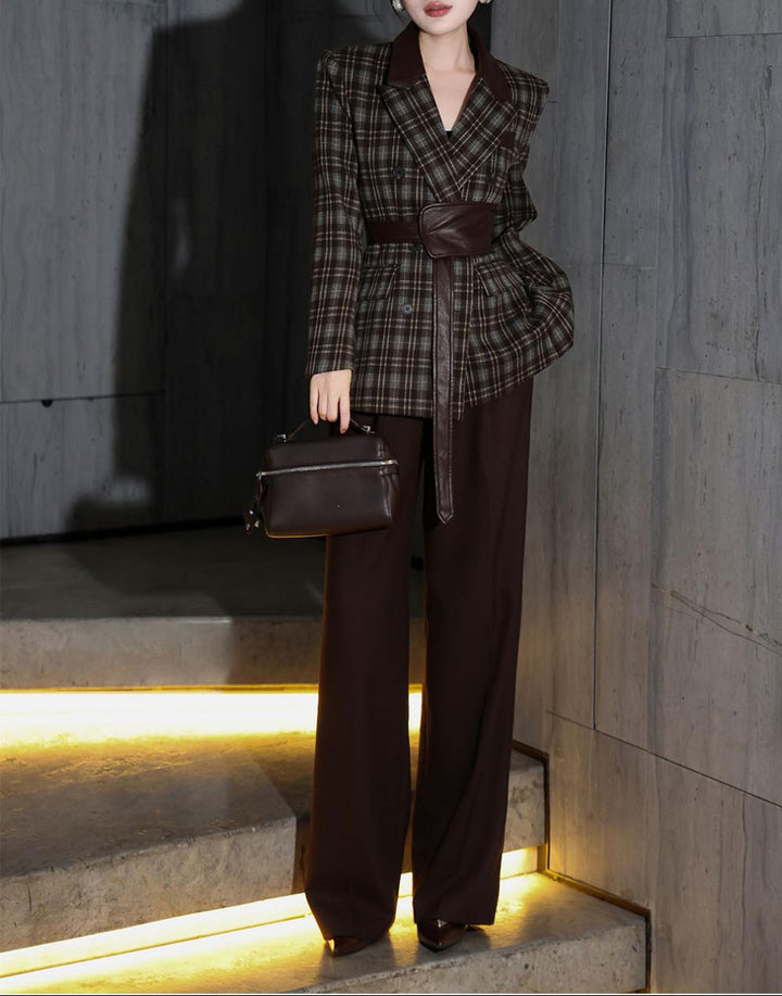 plaid tailored blazer with leather belt & wide-leg trousers – MARCELLA