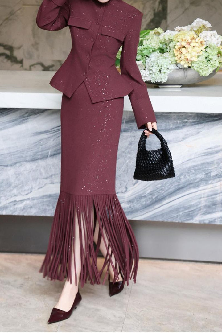 two-piece tailored blazer set with embellished fringe skirt – MIRAYA