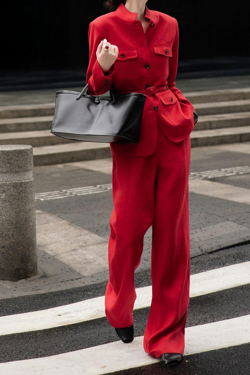 سترة بليزر بياقة ماندرين وحزام مع بنطلون واسع الساق - روزيتا