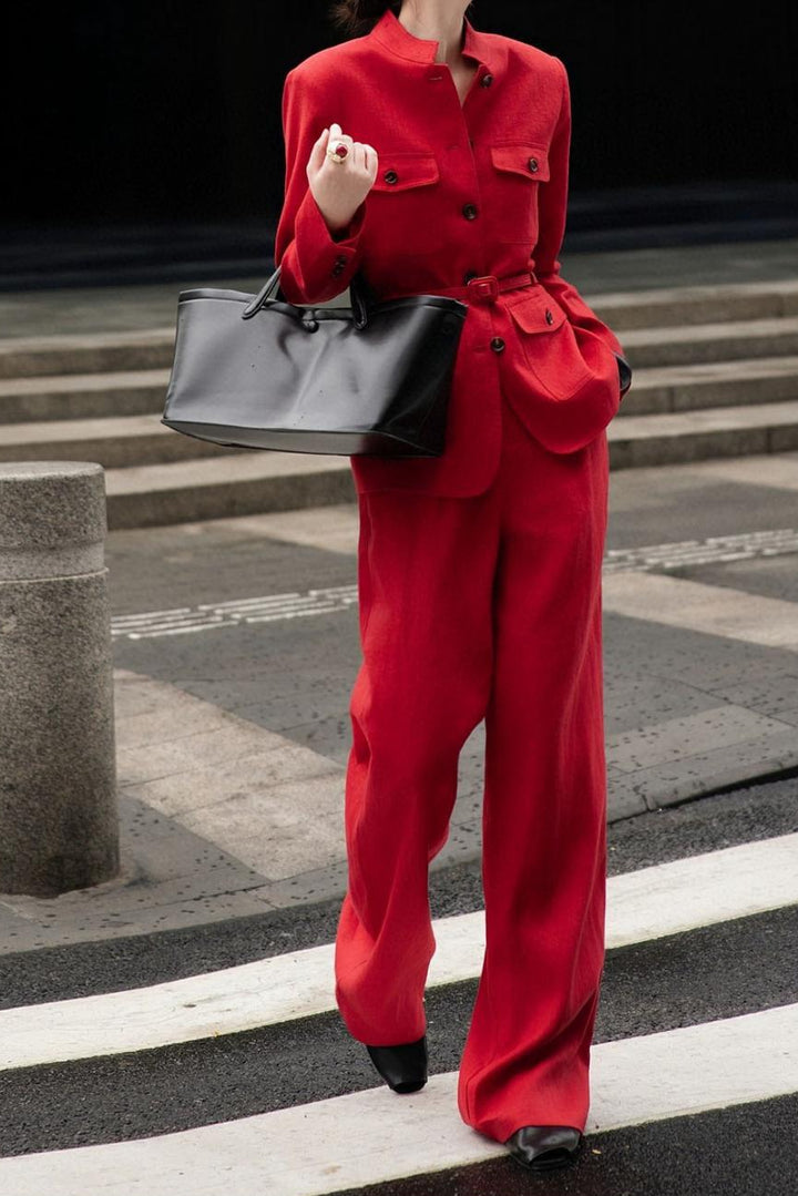 سترة بليزر بياقة ماندرين وحزام مع بنطلون واسع الساق - روزيتا