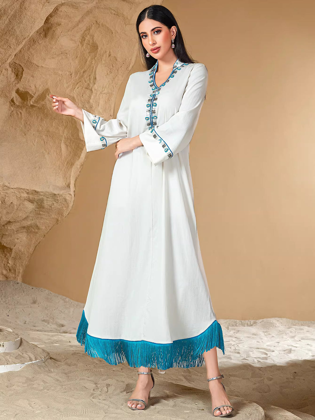 Embroidered White Maxi Dress with Fringe Hem – AZURA