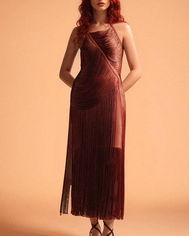 pleated halter fringe gown – SIERRA