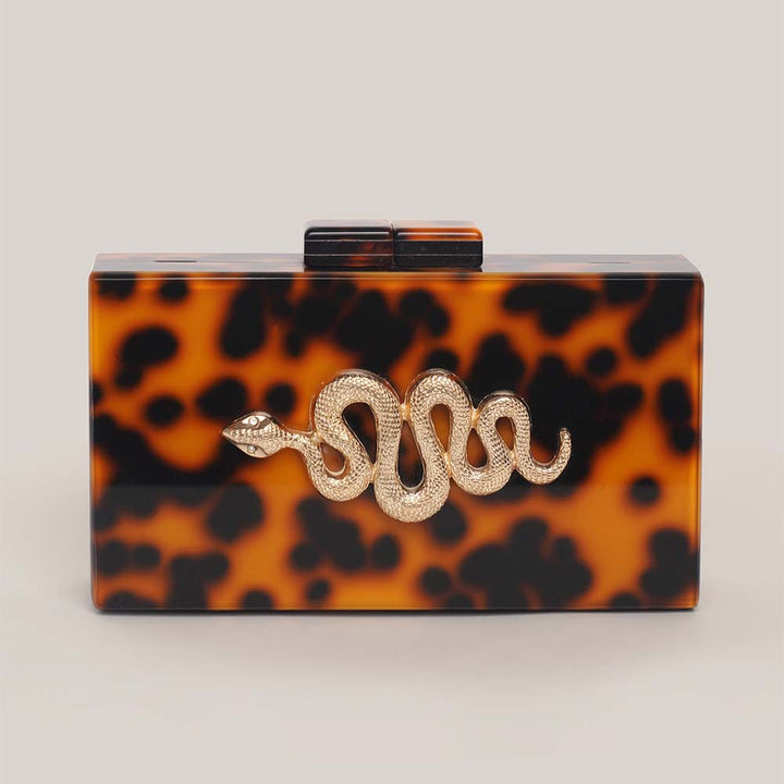 tortoiseshell acrylic clutch with gold snake detail – SERPENTIA