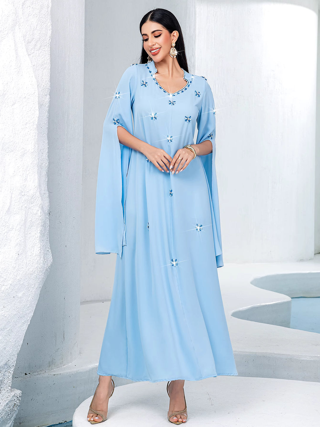 flare sleeve column dress with star embellishments - ZARASDU