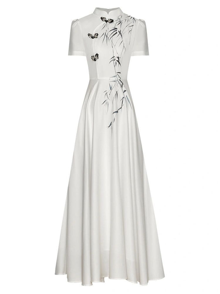 short-sleeve A-line dress with bamboo embroidery - LIAN