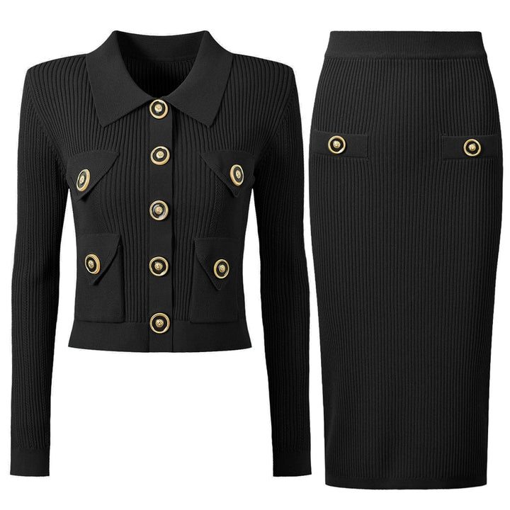 ribbed knit skirt set with gold button detail - AURELIAMI