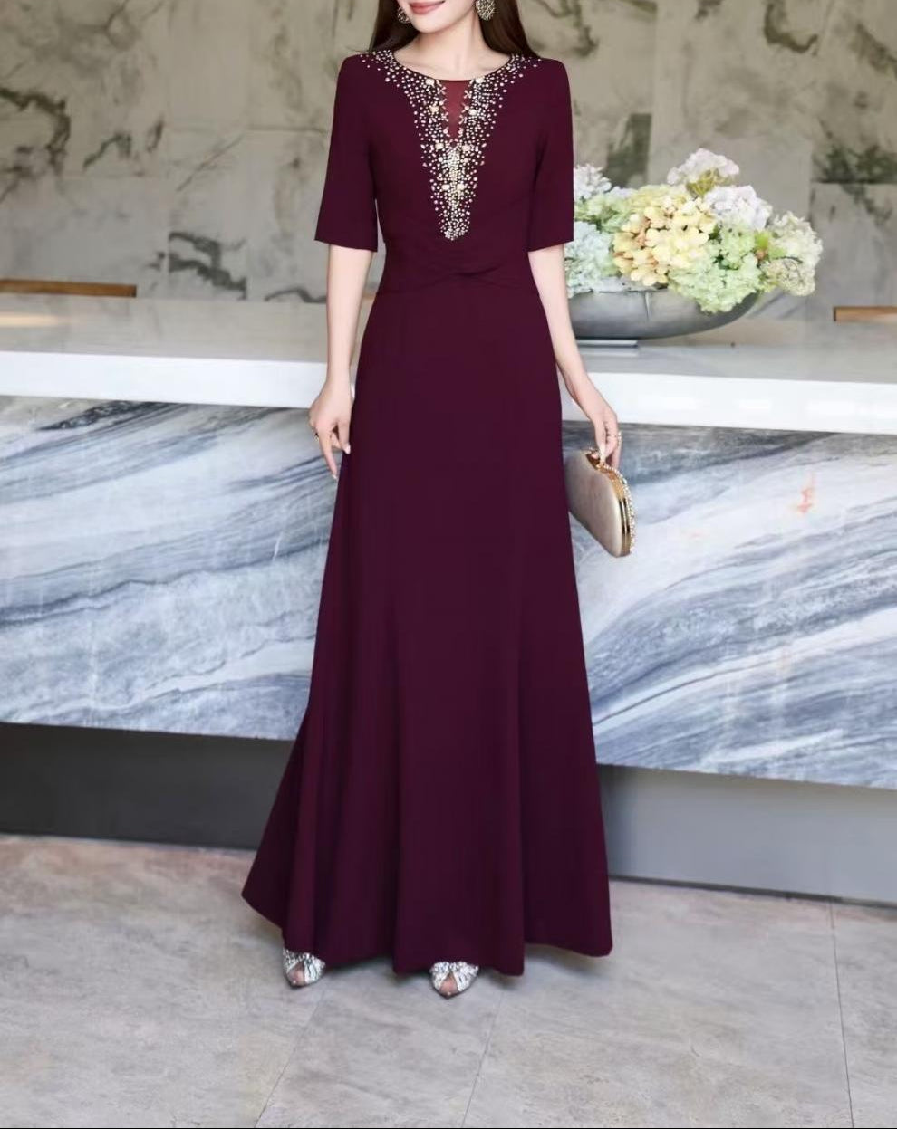 embellished deep-V mermaid dress – MAGENTA LUXE