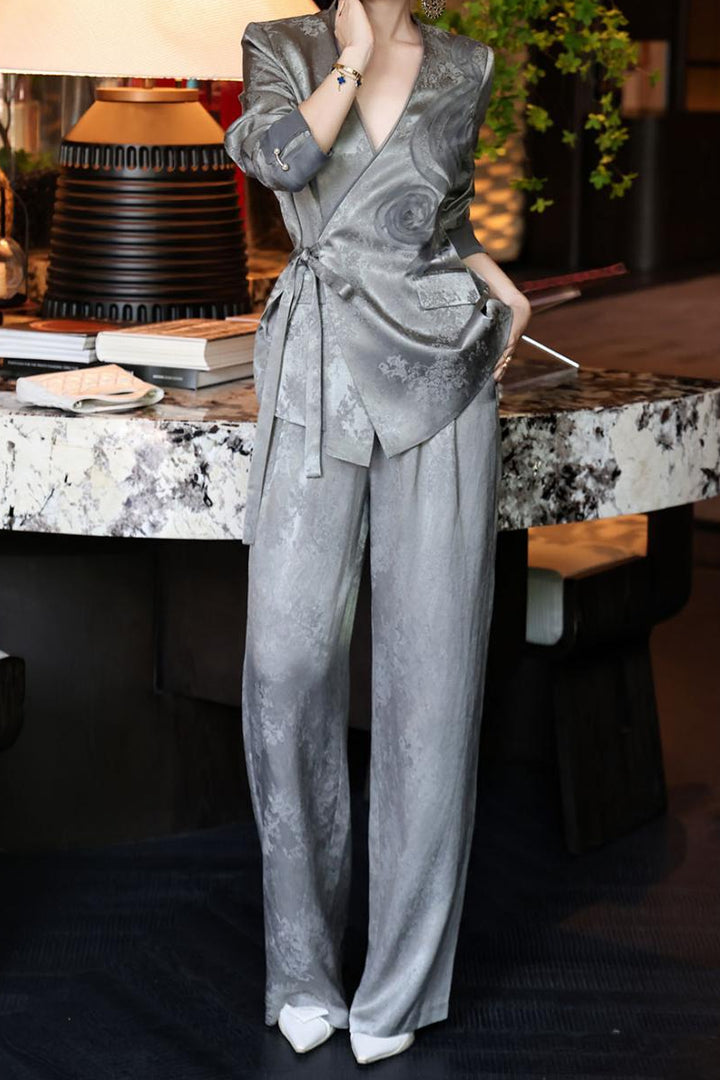 jacquard wrap blazer with wide-leg satin trousers – SERAPHINE