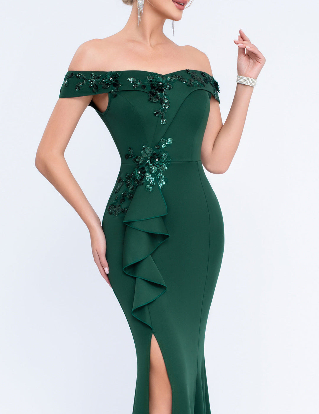off-shoulder gown with floral appliqué and side ruffle – SERENATJI