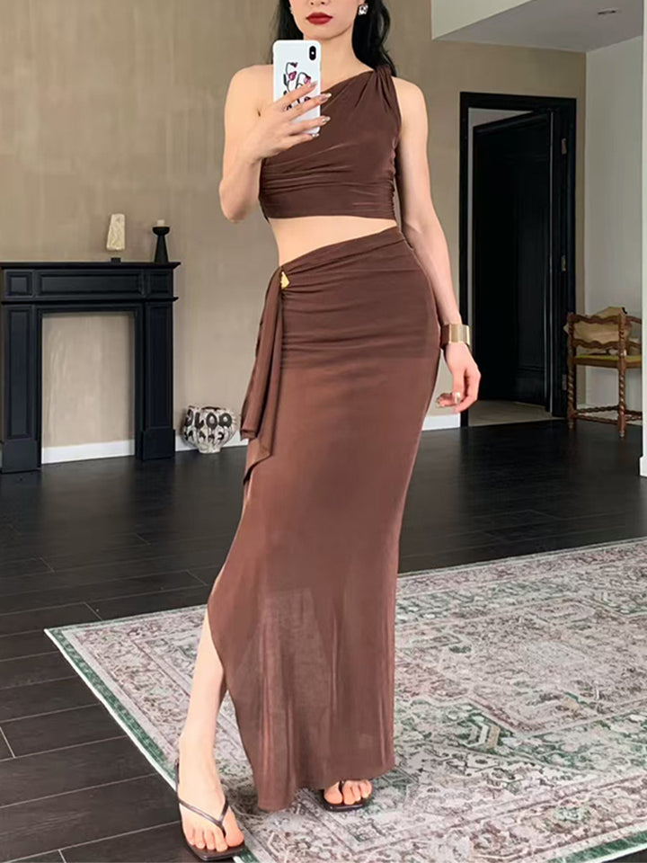 褶皱喇叭袖上衣和高腰裙套装，配腰带 – Rosiny 