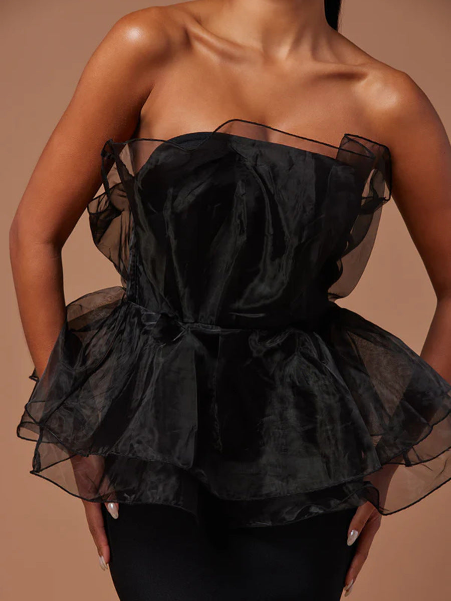 strapless peplum mermaid gown with organza overlay – BELLE