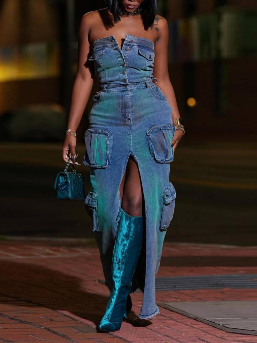 Haut à manches évasées plissées et ensemble jupe longue avec ceinture à la taille – Rosiny 