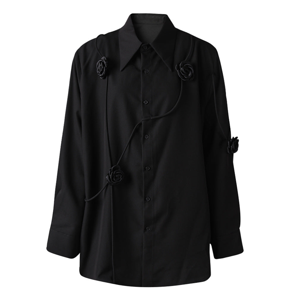 floral-appliqué button-down shirt with contrast piping – ROSEN