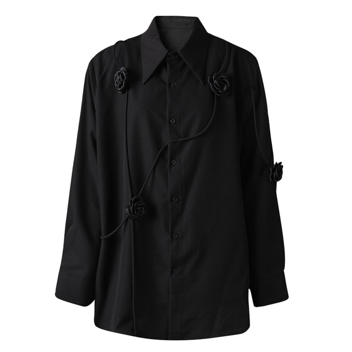 floral-appliqué button-down shirt with contrast piping – ROSEN