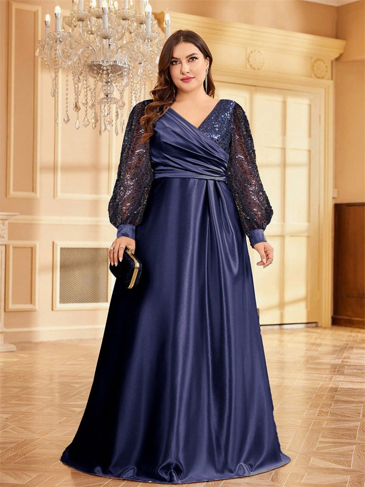 satin evening gown with sequin balloon sleeves – MIDNIGHT