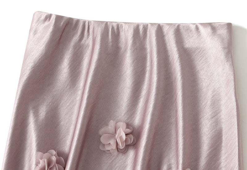 satin midi skirt with 3D floral appliqués – AMÉLIE