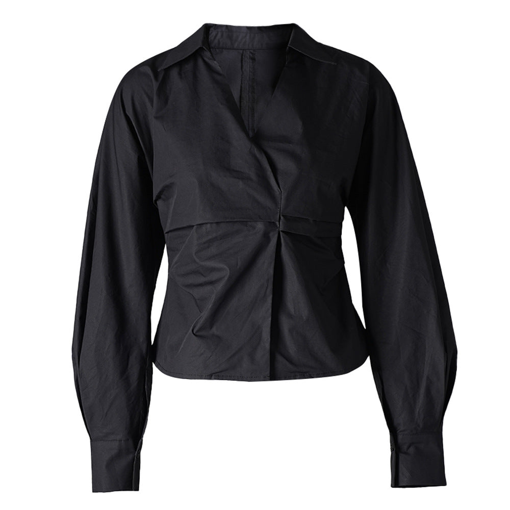 V-Neck Wrap Blouse with Cinched Waist – NOIRA