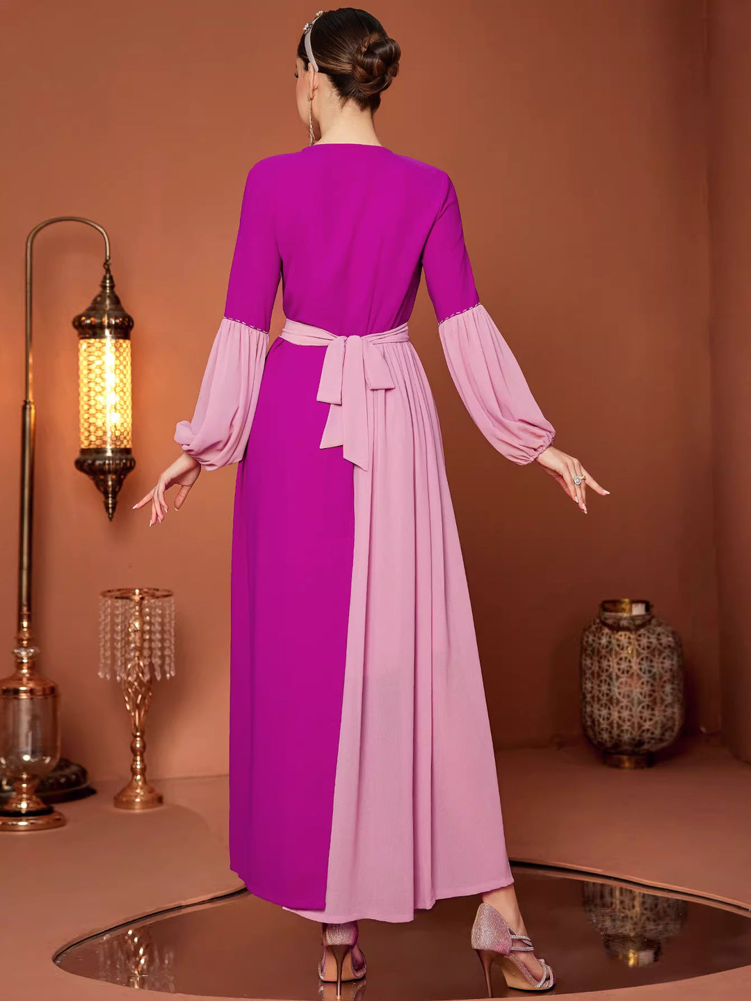 Embroidered Color-Block Maxi Dress with Chiffon Sleeves – VIOLETTE