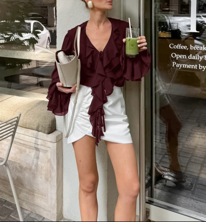 ruffled V-neck chiffon blouse with cascading layers – JULIETTE