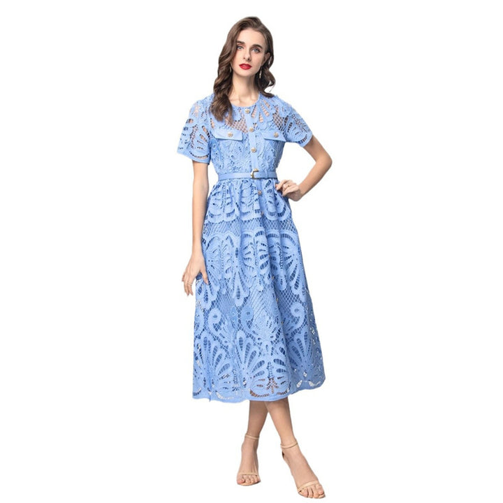 short-sleeve lace midi dress with belt – SERENA