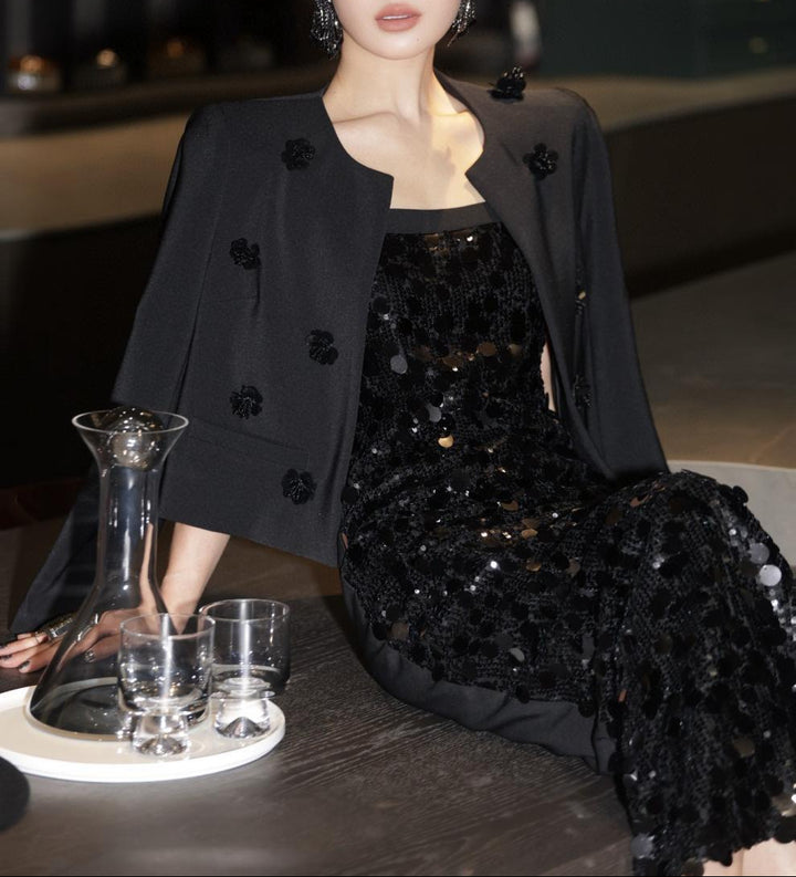 sleeveless sequin column dress with embellished cropped blazer – AURORA