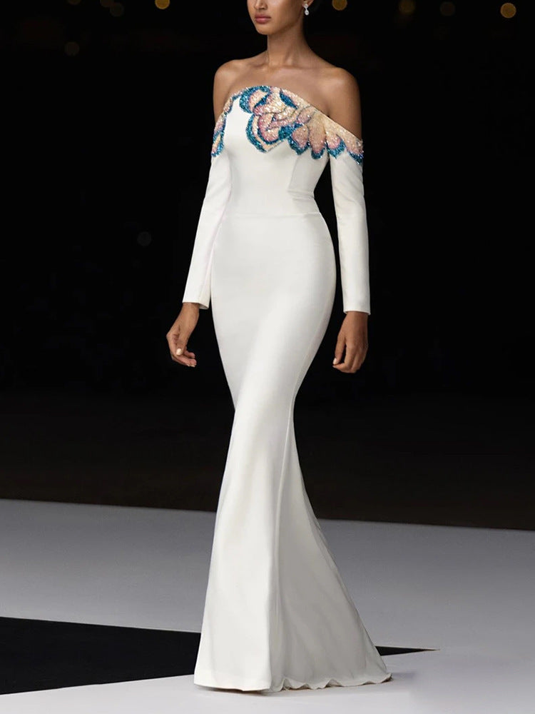 Off-Shoulder Column Dress with Embroidered Illusion Neckline – SERAPHINE