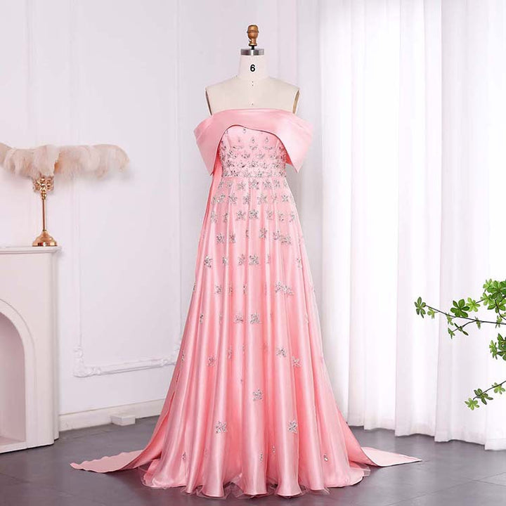 off-shoulder embroidered chiffon gown with cape train – OLIVIA