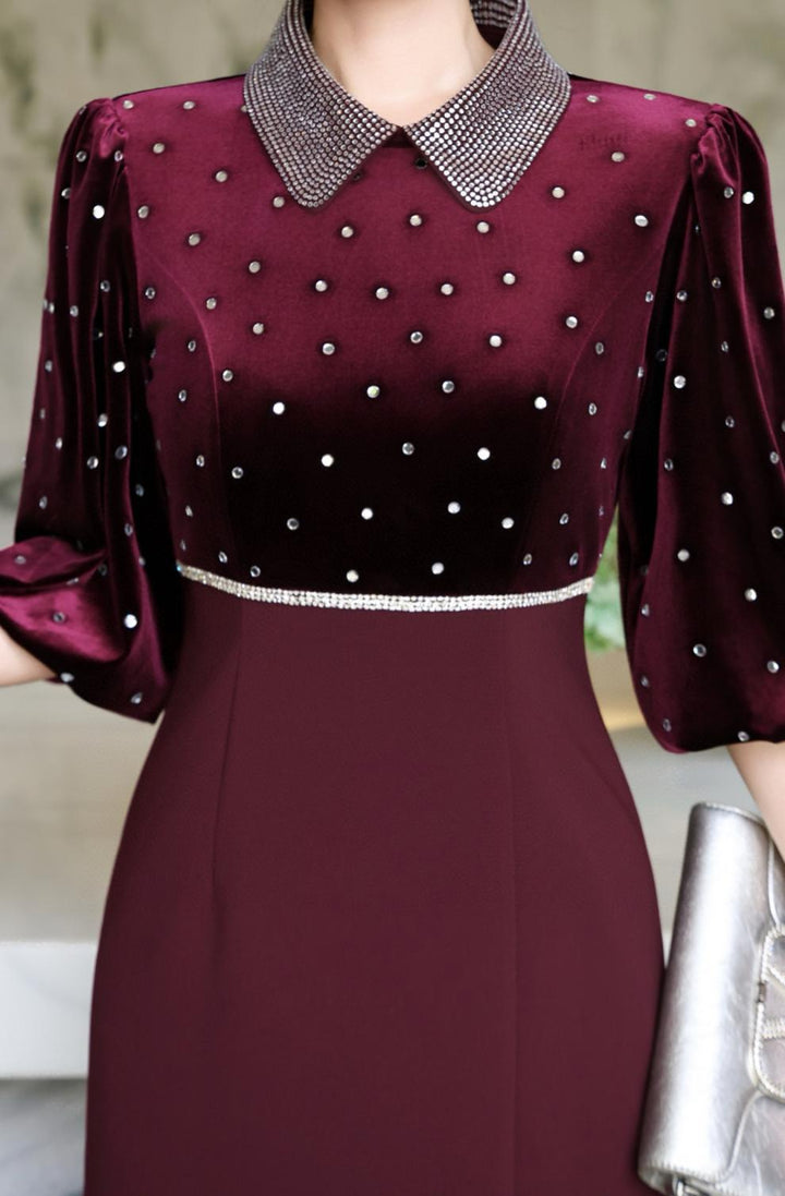 black velvet maxi dress with embellished collar–polka