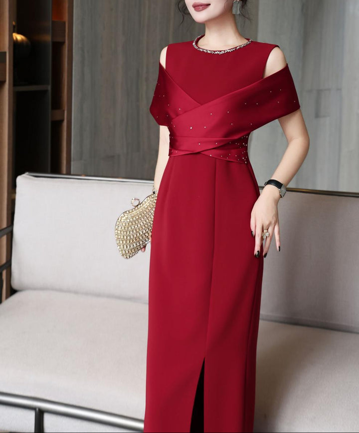 cold-shoulder column dress with satin drape – RUBINA