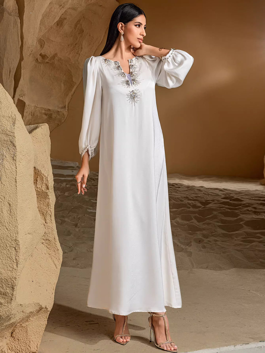 Elegant Long Sleeve Maxi Dress with Waist Fit – ELARA