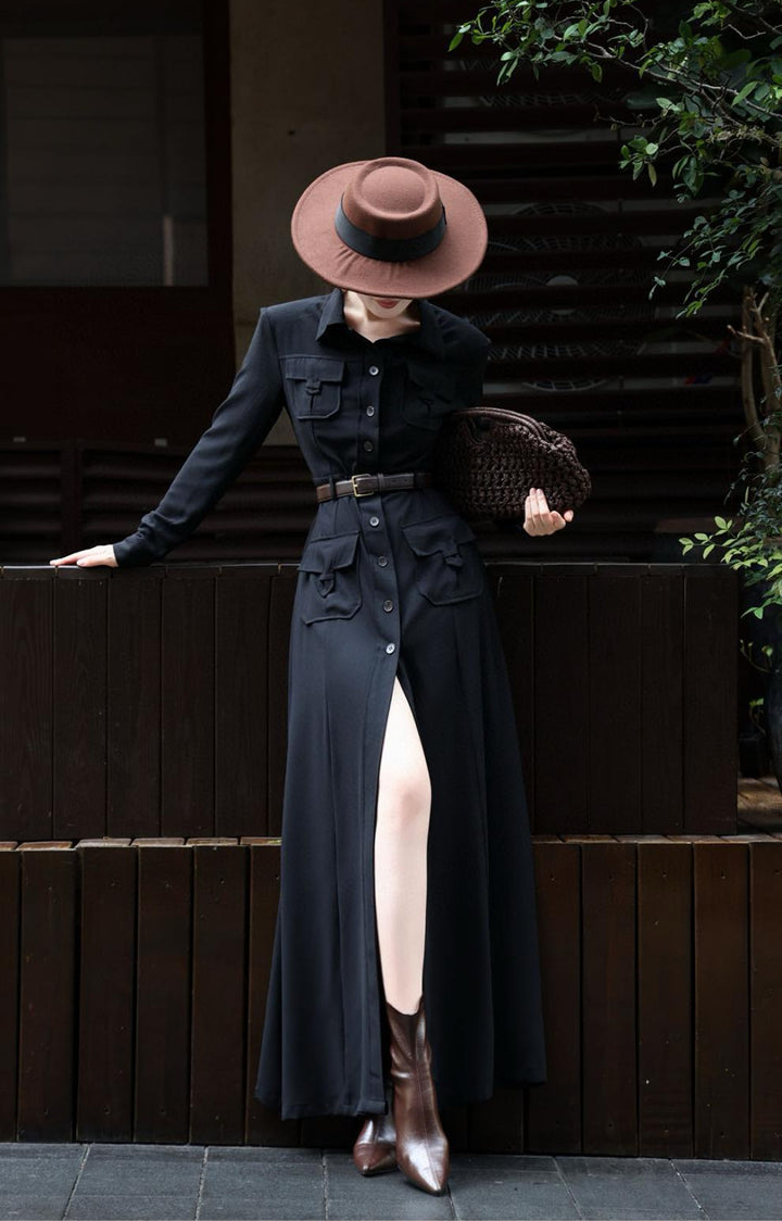 فستان عسكري ماكسي بأزرار وخصر بحزام – قيادة نوير