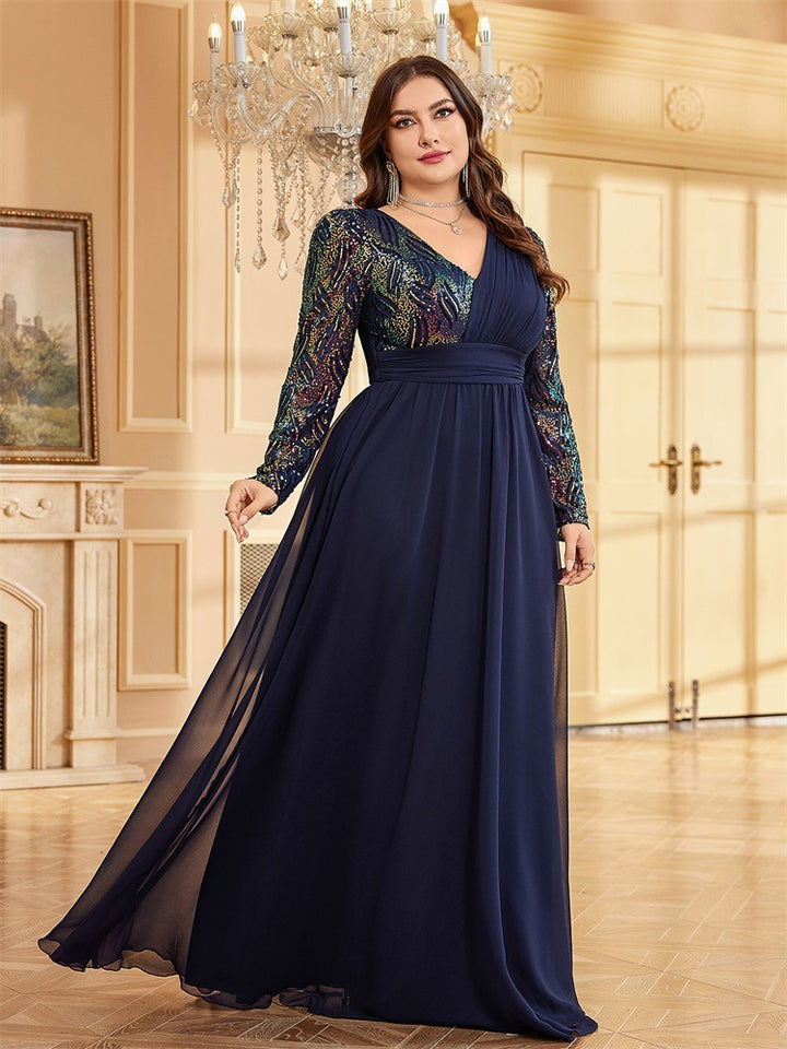 chiffon evening gown with sequin long sleeves – ADELIA