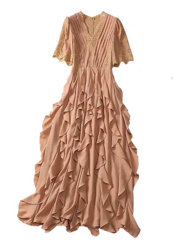 pleated lace midi dress with cascading ruffles – SIENNA